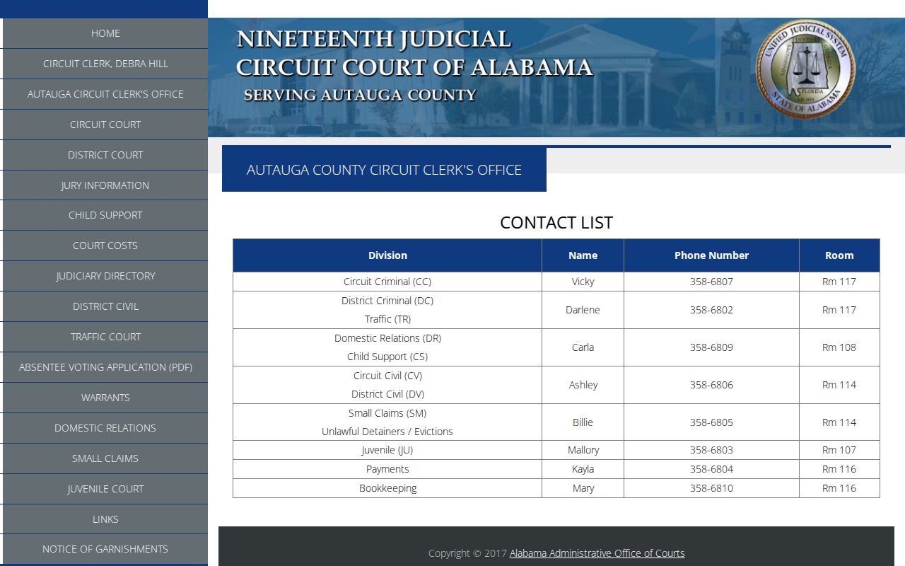 Autauga County warrant lookup contacts in the Circuit Clerk division directory