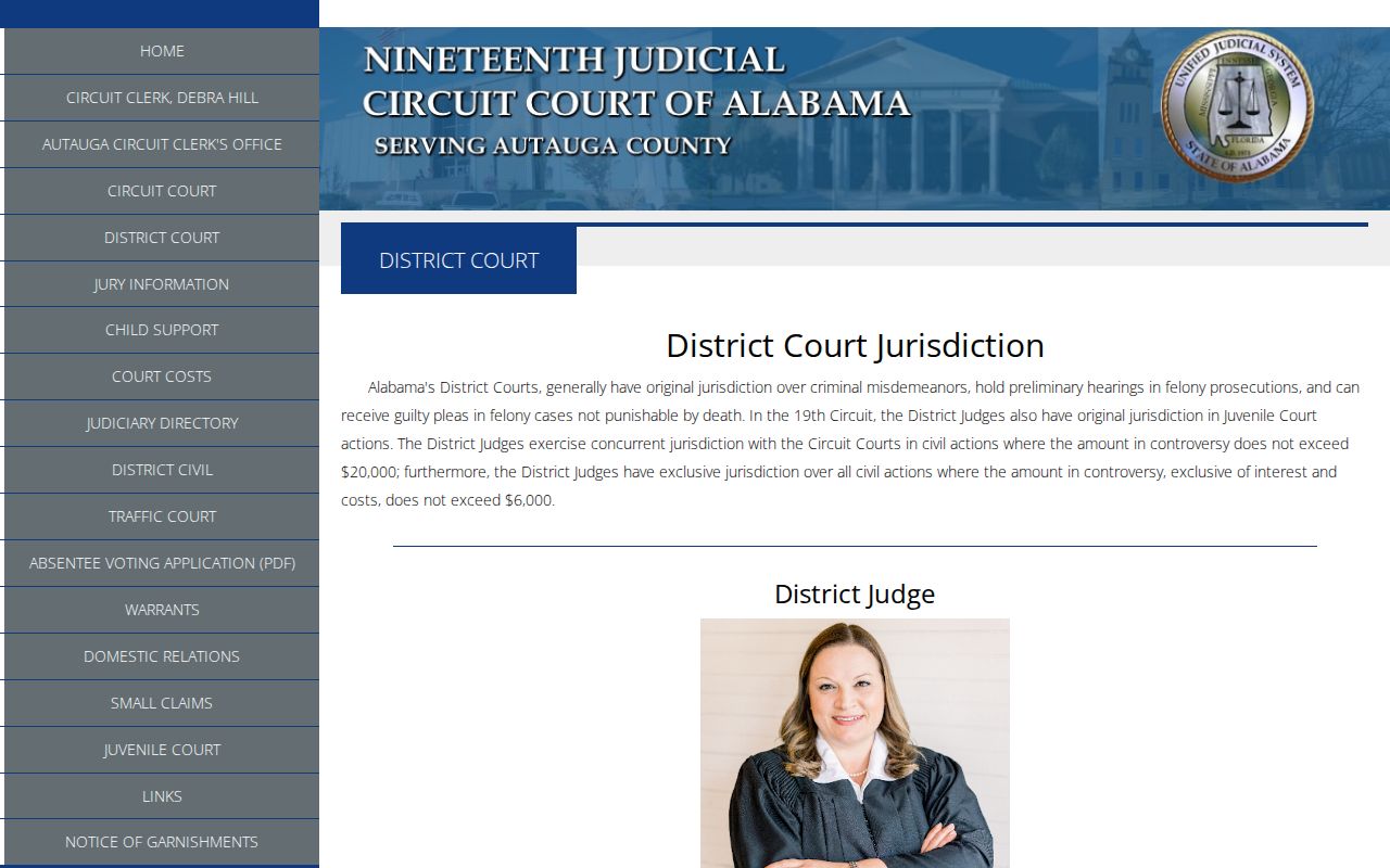 Autauga County District Court page for misdemeanor and traffic warrants