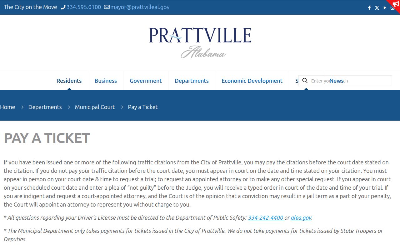 Autauga County bench warrant information on the Prattville city ticket page