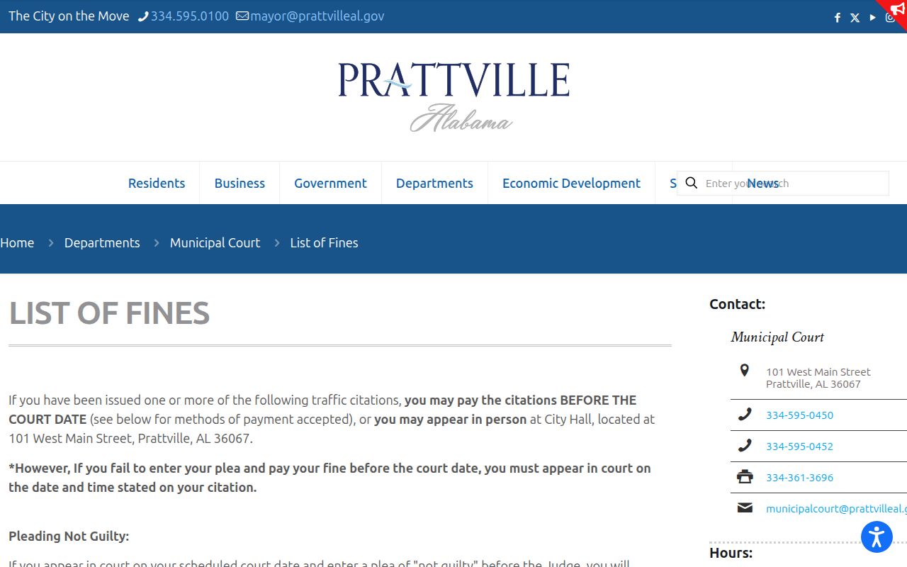 Autauga County bench warrant context from the Prattville Municipal Court fine list