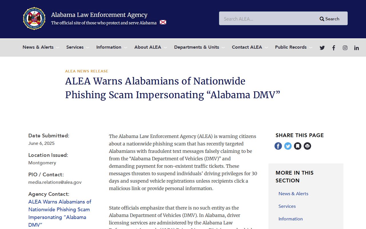 Autauga County traffic warrant payment scam warning from ALEA