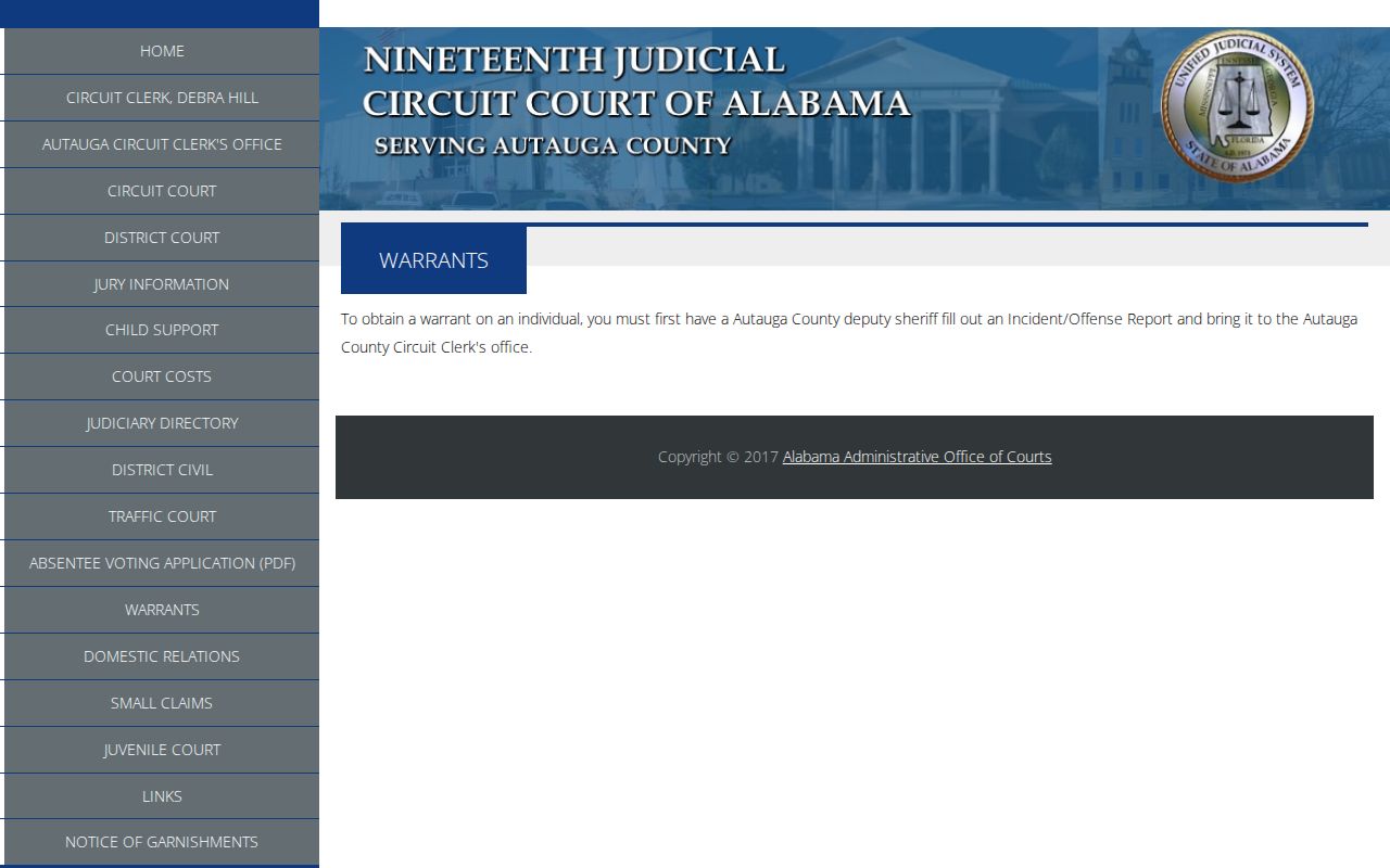 Autauga County warrant records information on the Circuit Court site