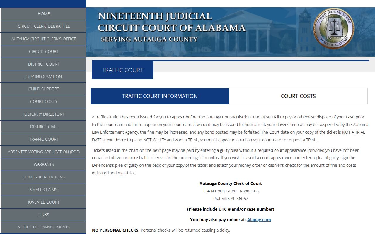Autauga County traffic warrant records and missed-date warning